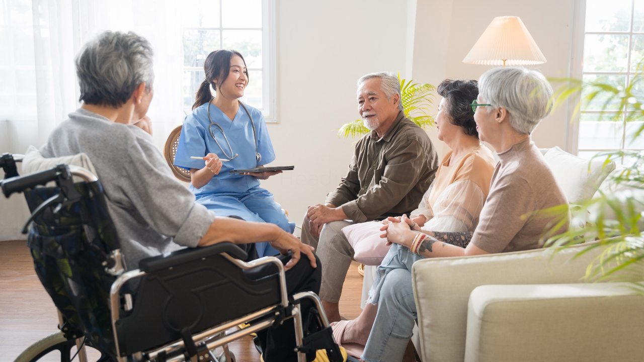 Caregiver talking with a group of seniors in a living room setting, representing the 5 levels of care in assisted living and personalized support for residents.