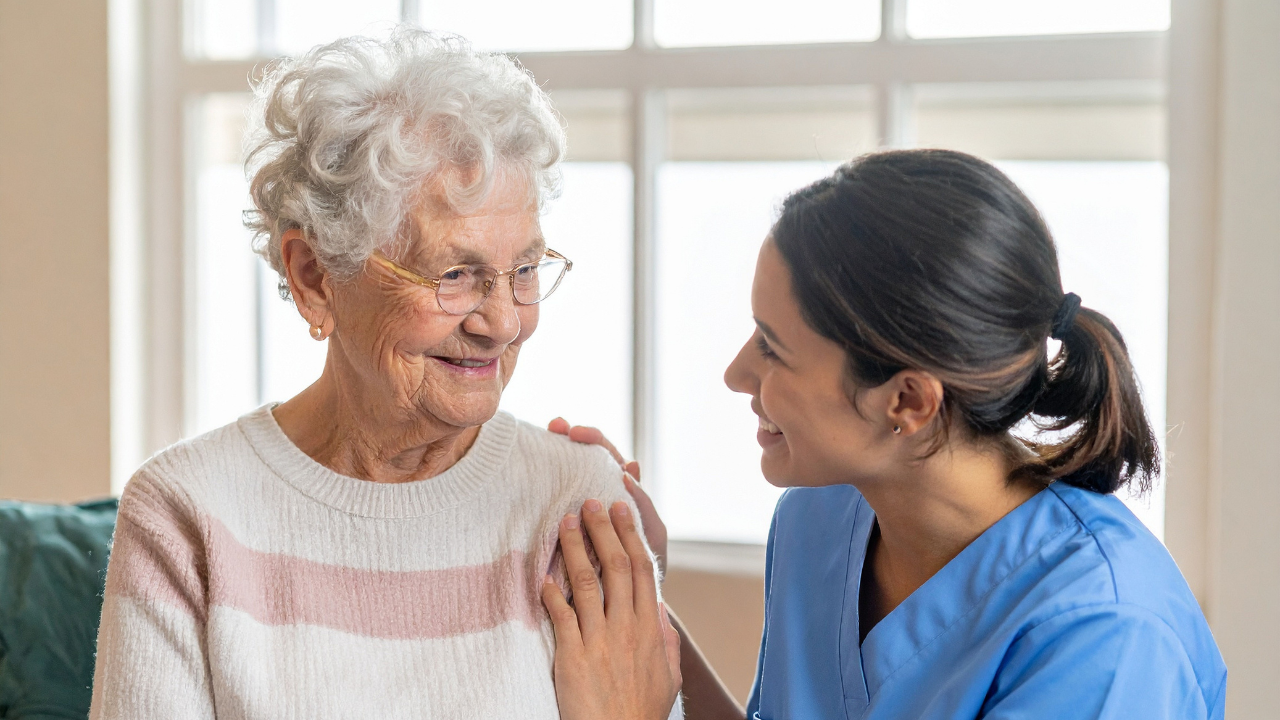 Caregiver supporting senior woman with a smile, reflecting When Is It Time To Consider Assisted Living.